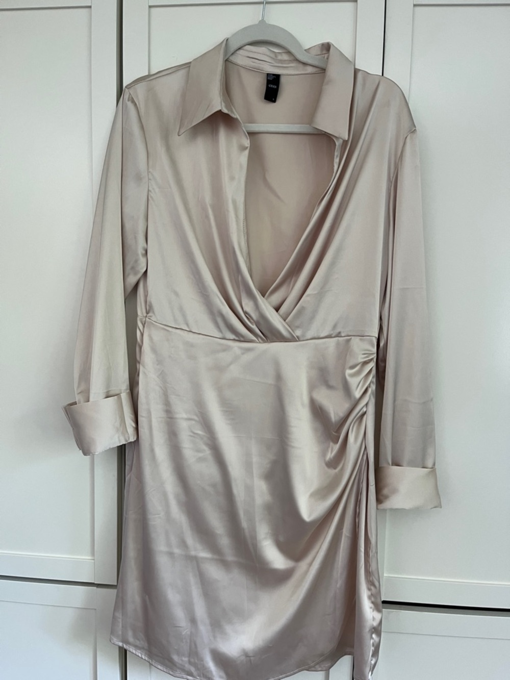 Cider Light Beige Satin-Look Shirt Dress